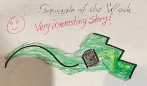 A child's drawing with teacher writing that says "Very interesting story!"