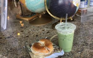 Matcha latte and bagel from True North
